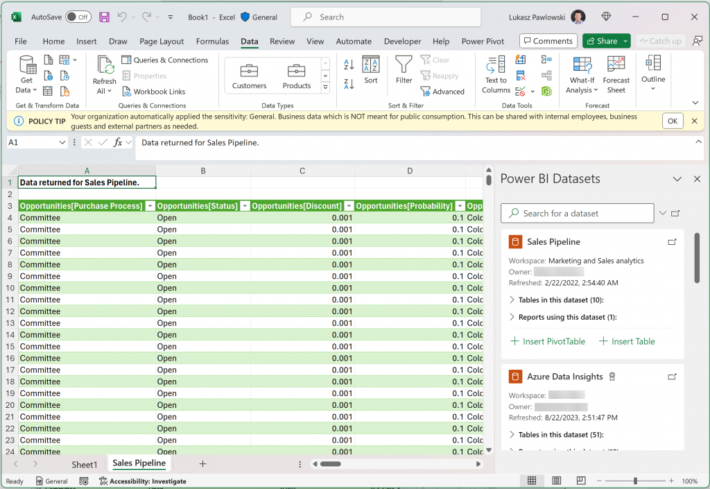 excel data exchange power bi datasets