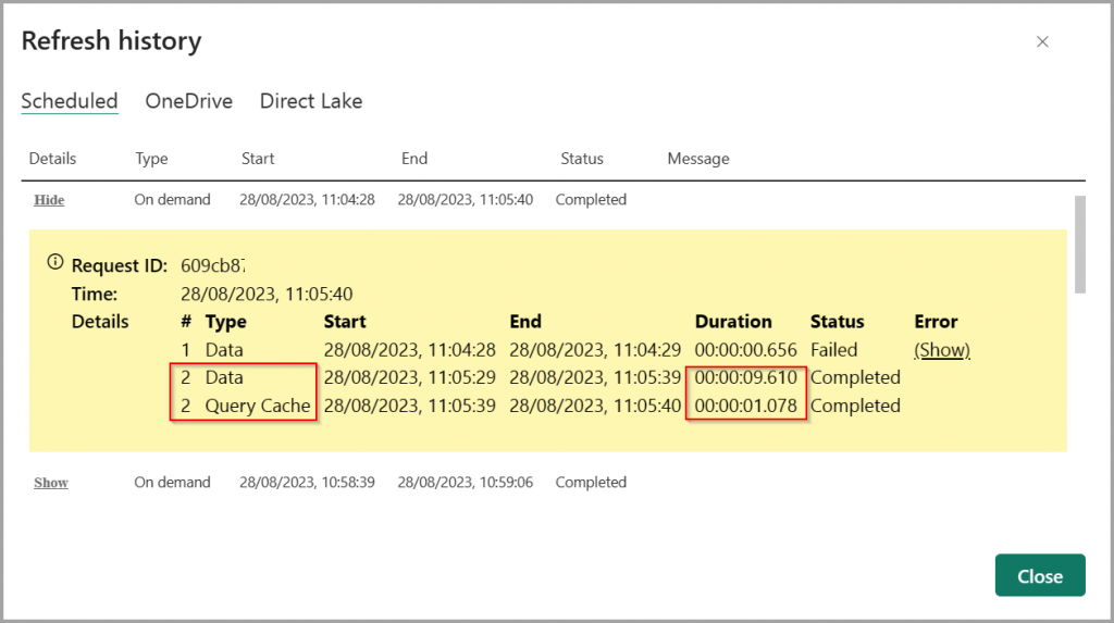 Power BI Refresh history log